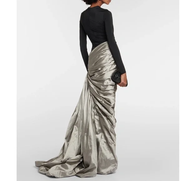 RASARIO: Designer Black and Silver draped silk-blend maxi gown - Picture 3 of 8